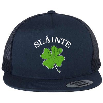 Slainte With Green Shamrock Clover For St Patricks Day Gift Flat Bill Trucker Hat