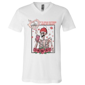 Skeleton With Hearts Drinking Coffee Valentine Valentine's Day Love Lover Couple V-Neck T-Shirt