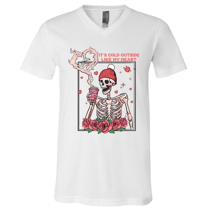 Skeleton With Hearts Drinking Coffee Valentine Valentine's Day Love Lover Couple V-Neck T-Shirt