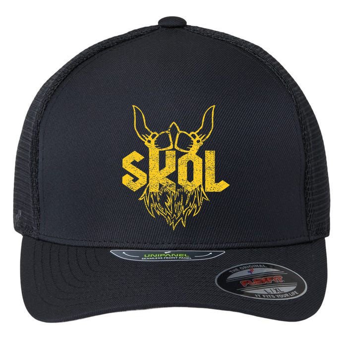 Skol With Helmet And Beard Distressed Flexfit Unipanel Trucker Cap