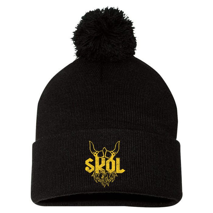Skol With Helmet And Beard Distressed Pom Pom 12in Knit Beanie