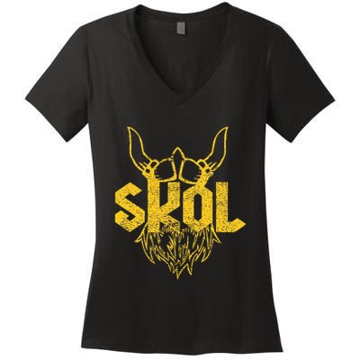 Skol With Helmet And Beard Distressed Women's V-Neck T-Shirt