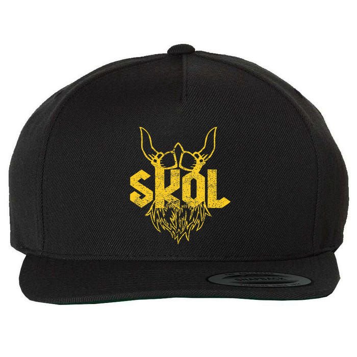 Skol With Helmet And Beard Distressed Wool Snapback Cap