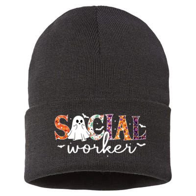 Social Worker Halloween Retro Ghost Halloween Social Worker Sustainable Knit Beanie