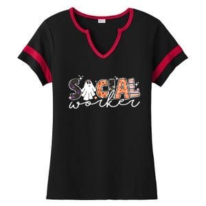 Social Worker Halloween School Social Work Retro Ghost Funny Ladies Halftime Notch Neck Tee