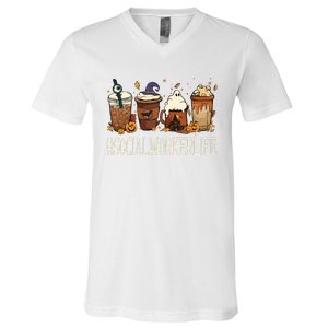 Social Worker Horror Fall Coffee Halloween Pumpkin Autumn V-Neck T-Shirt