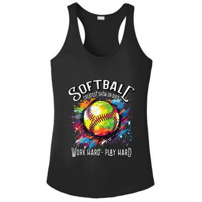 Softball Work Hard Play Hard Fastpitch Slowpitch Softball Ladies PosiCharge Competitor Racerback Tank