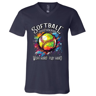 Softball Work Hard Play Hard Fastpitch Slowpitch Softball V-Neck T-Shirt