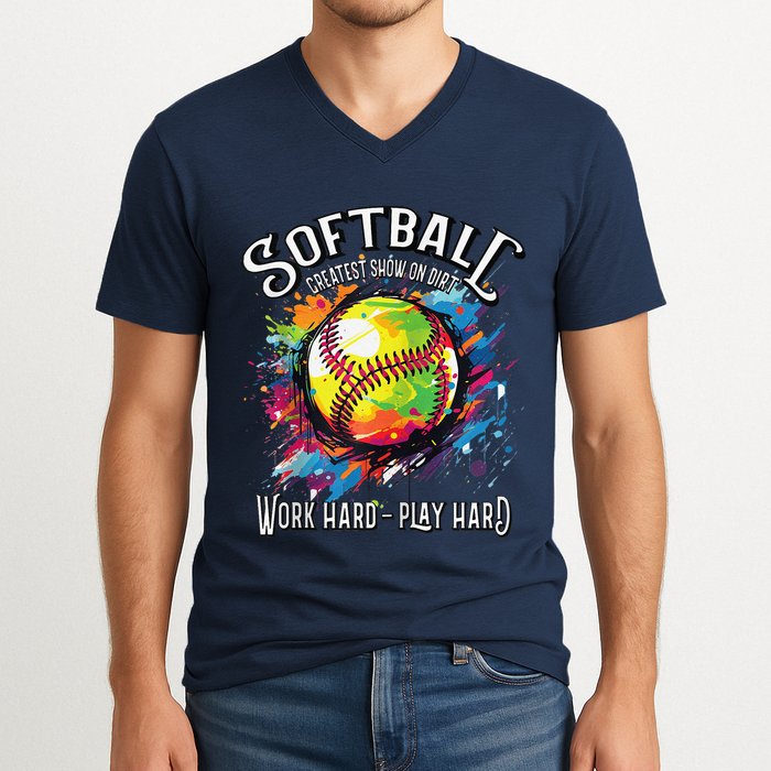 Softball Work Hard Play Hard Fastpitch Slowpitch Softball V-Neck T-Shirt
