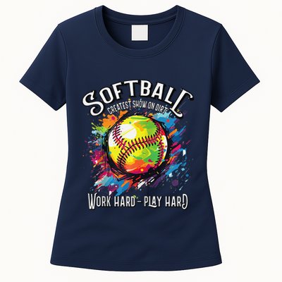 Softball Work Hard Play Hard Fastpitch Slowpitch Softball Womens T-Shirt