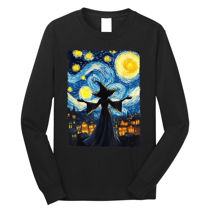 Salem Witch Halloween Starry Night Van Gogh Sky Painting Art Long Sleeve Shirt