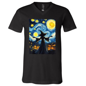 Salem Witch Halloween Starry Night Van Gogh Sky Painting Art V-Neck T-Shirt