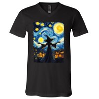 Salem Witch Halloween Starry Night Van Gogh Sky Painting Art V-Neck T-Shirt