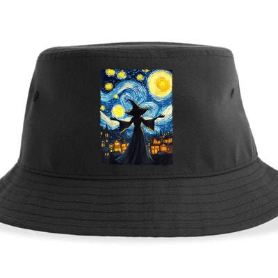 Salem Witch Halloween Starry Night Van Gogh Sky Painting Art Sustainable Bucket Hat