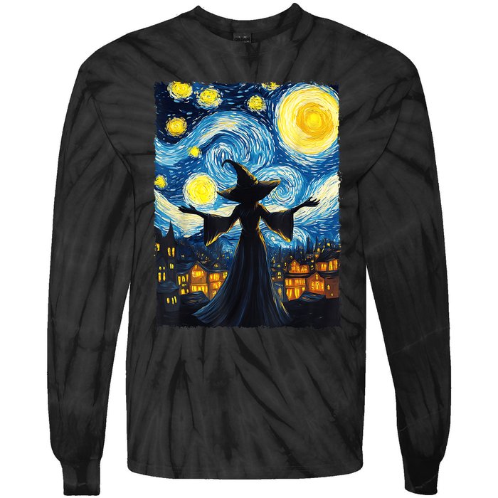 Salem Witch Halloween Starry Night Van Gogh Sky Painting Art Tie-Dye Long Sleeve Shirt