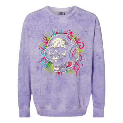 Skull Wearing Headphones Grunge Gamer Rainbow Graffiti Colorblast Crewneck Sweatshirt