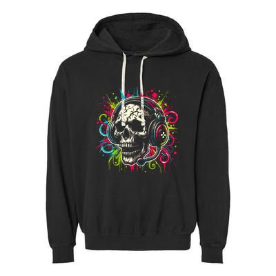 Skull Wearing Headphones Grunge Gamer Rainbow Graffiti Garment-Dyed Fleece Hoodie