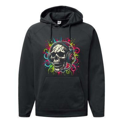 Skull Wearing Headphones Grunge Gamer Rainbow Graffiti Performance Fleece Hoodie