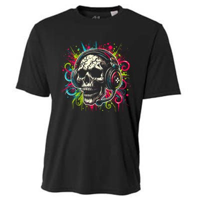 Skull Wearing Headphones Grunge Gamer Rainbow Graffiti Cooling Performance Crew T-Shirt