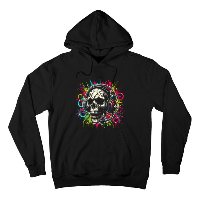 Skull Wearing Headphones Grunge Gamer Rainbow Graffiti Hoodie