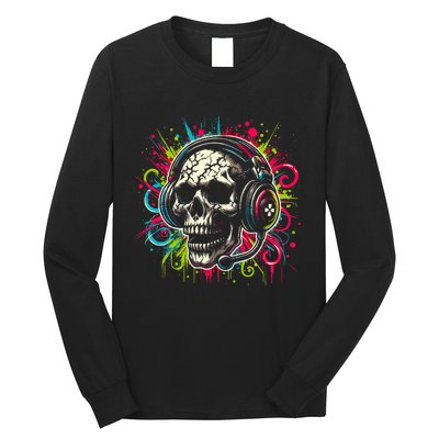 Skull Wearing Headphones Grunge Gamer Rainbow Graffiti Long Sleeve Shirt