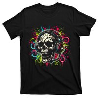 Skull Wearing Headphones Grunge Gamer Rainbow Graffiti T-Shirt