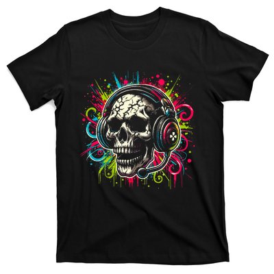 Skull Wearing Headphones Grunge Gamer Rainbow Graffiti T-Shirt