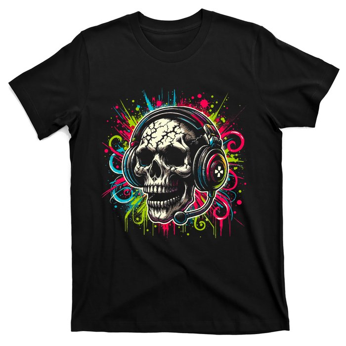 Skull Wearing Headphones Grunge Gamer Rainbow Graffiti T-Shirt