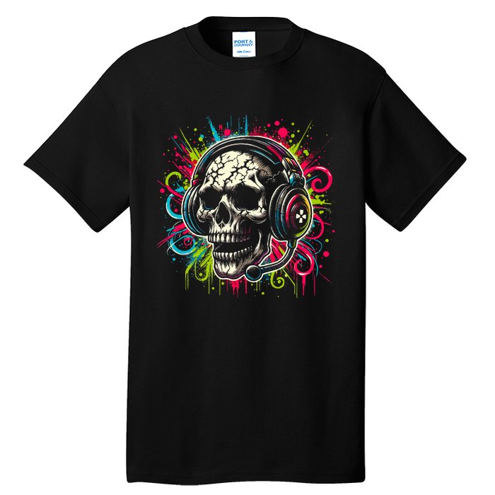 Skull Wearing Headphones Grunge Gamer Rainbow Graffiti Tall T-Shirt