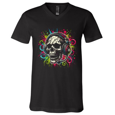 Skull Wearing Headphones Grunge Gamer Rainbow Graffiti V-Neck T-Shirt