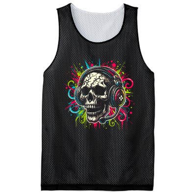 Skull Wearing Headphones Grunge Gamer Rainbow Graffiti Mesh Reversible Basketball Jersey Tank