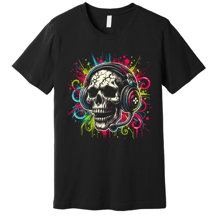 Skull Wearing Headphones Grunge Gamer Rainbow Graffiti Premium T-Shirt