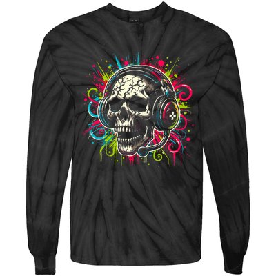 Skull Wearing Headphones Grunge Gamer Rainbow Graffiti Tie-Dye Long Sleeve Shirt