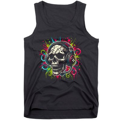 Skull Wearing Headphones Grunge Gamer Rainbow Graffiti Tank Top