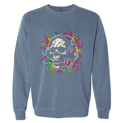 Skull Wearing Headphones Grunge Gamer Rainbow Graffiti Garment-Dyed Sweatshirt