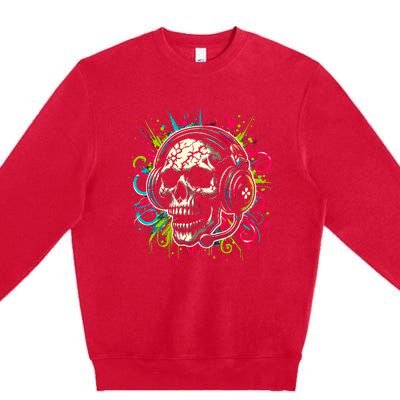 Skull Wearing Headphones Grunge Gamer Rainbow Graffiti Premium Crewneck Sweatshirt