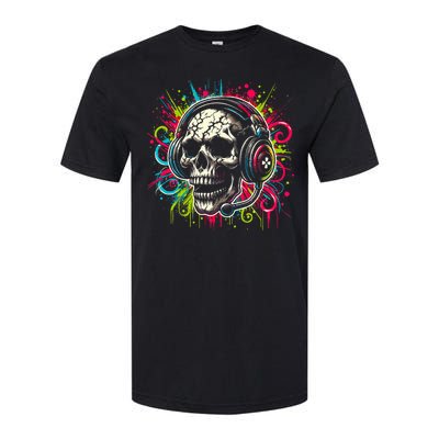 Skull Wearing Headphones Grunge Gamer Rainbow Graffiti Softstyle CVC T-Shirt