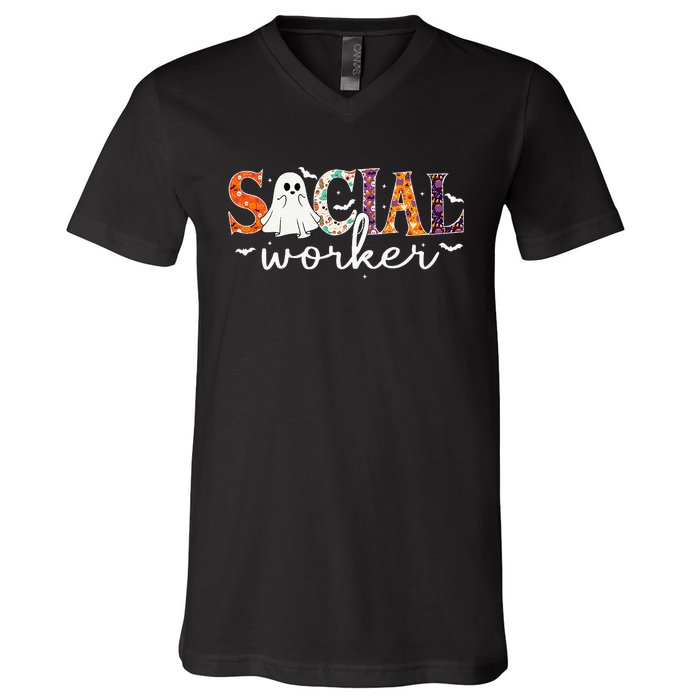 Social Worker Halloween Retro Ghost Halloween Social Worker V-Neck T-Shirt