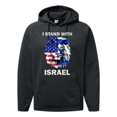 Stand With Israel Lion Usa Flag Israel Flag Performance Fleece Hoodie