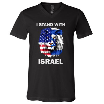 Stand With Israel Lion Usa Flag Israel Flag V-Neck T-Shirt