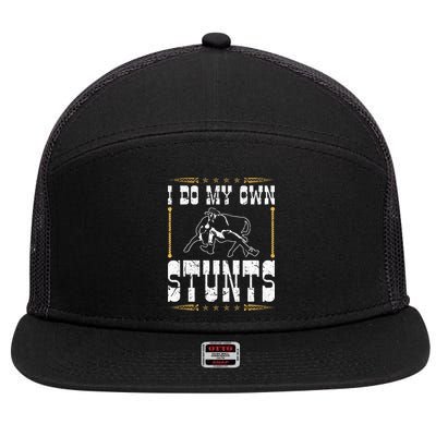 Steer Wrestling I Do My Own Stunts Rodeo Bulldogging 7 Panel Mesh Trucker Snapback Hat