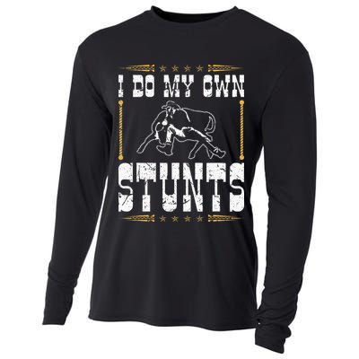 Steer Wrestling I Do My Own Stunts Rodeo Bulldogging Cooling Performance Long Sleeve Crew