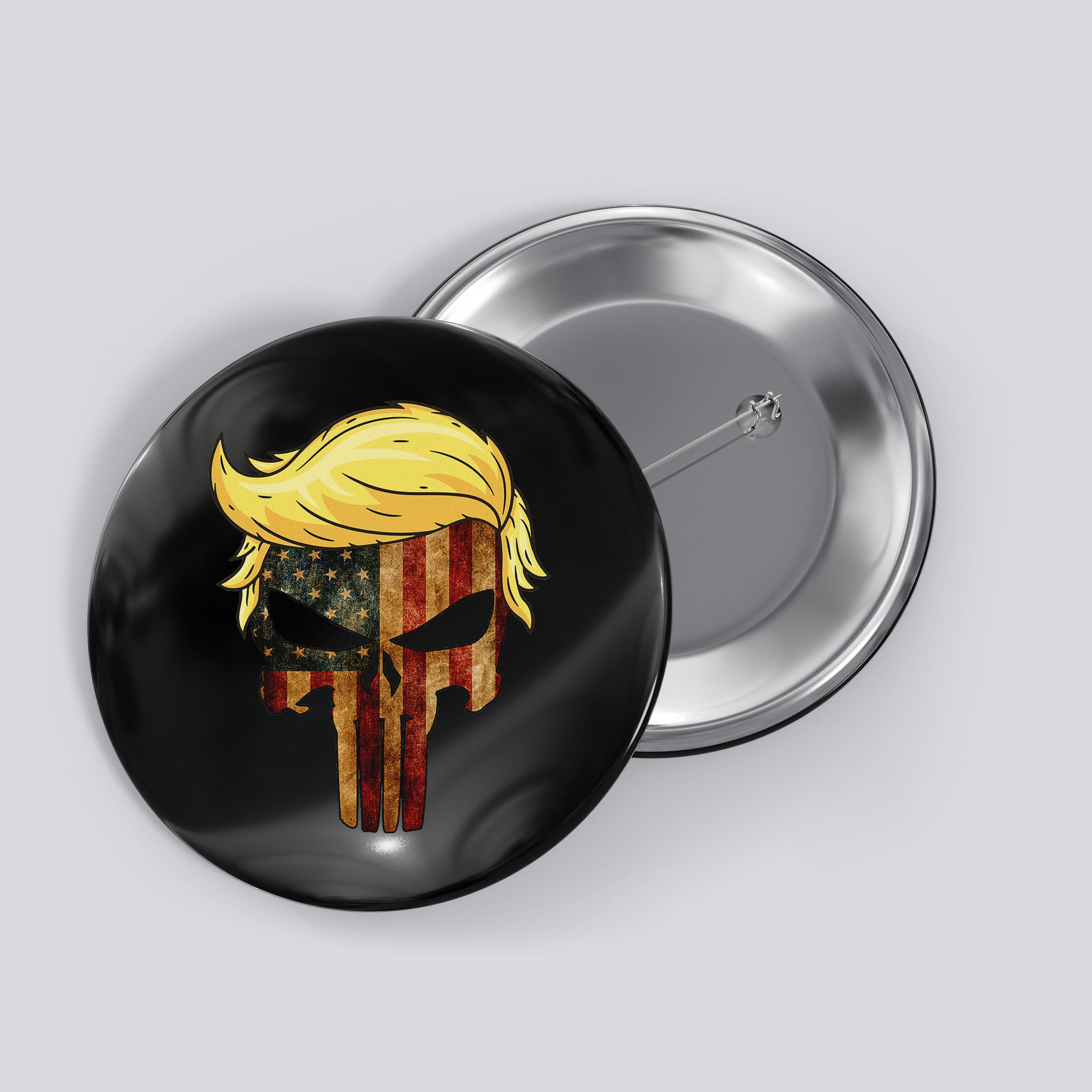 Skull With Iconic Trump Hair American Flag Button