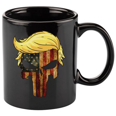 Skull With Iconic Trump Hair American Flag 11oz C Handle Ceramic Mug