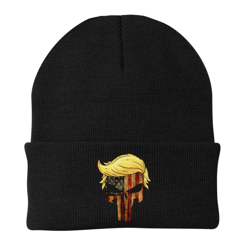Skull With Iconic Trump Hair American Flag Beanie