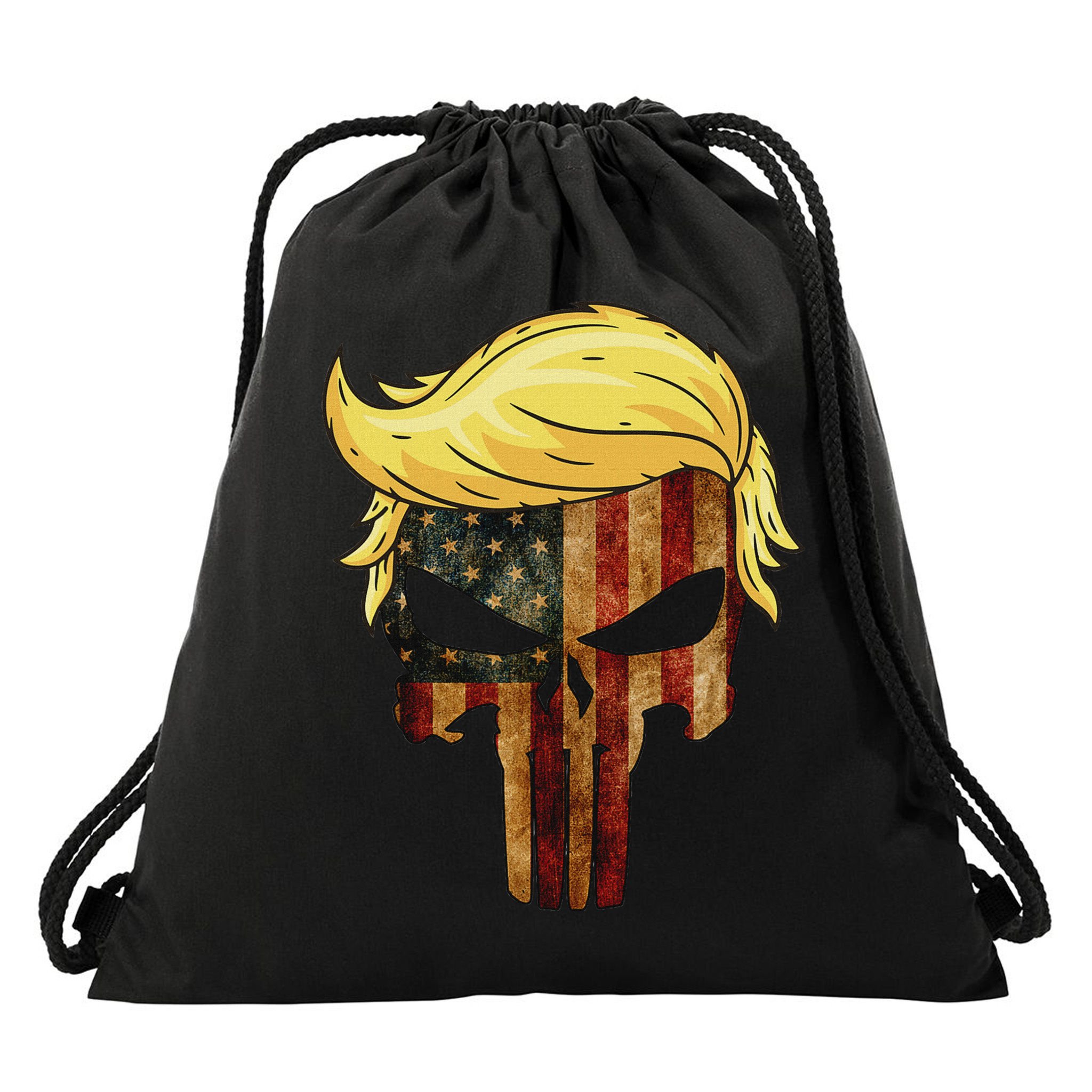 Skull With Iconic Trump Hair American Flag Drawstring Bag
