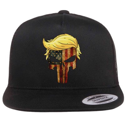 Skull With Iconic Trump Hair American Flag Flatbill Hat