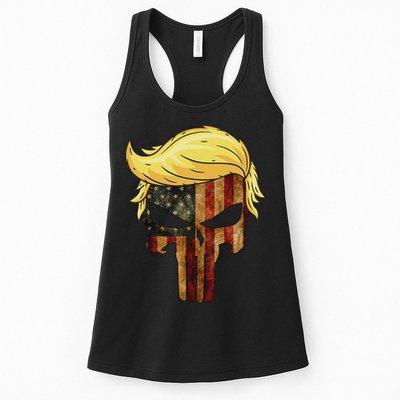 Skull With Iconic Trump Hair American Flag Womens Tank Top