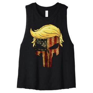 Skull With Iconic Trump Hair American Flag Women's Racerback Cropped Tank