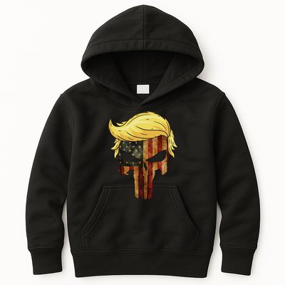 Skull With Iconic Trump Hair American Flag Kids Hoodie
